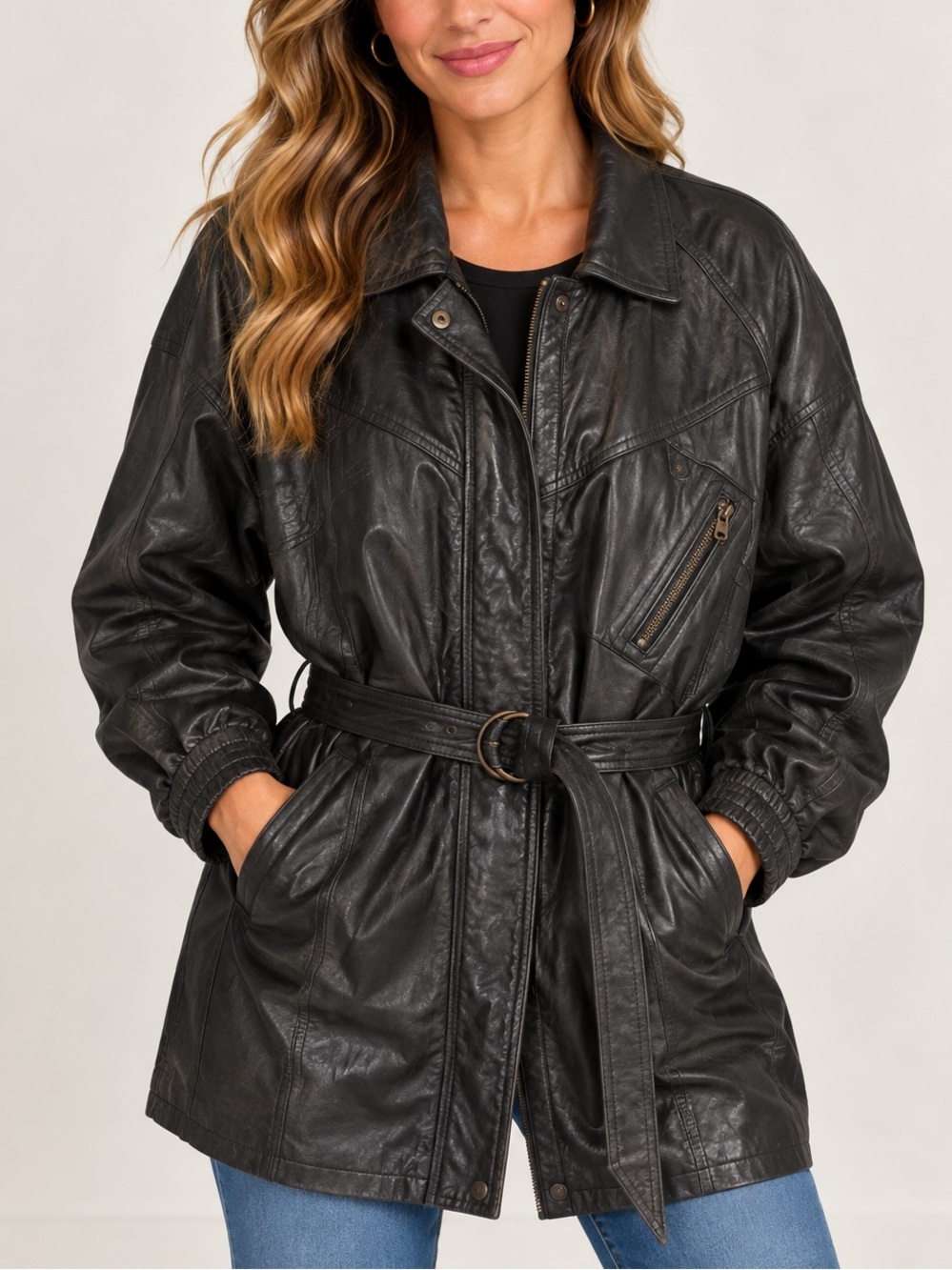 Vintage Sergio Vadducci Black Leather Coat with‎ Belt